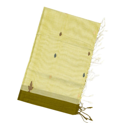 Lime Green Bengal Cotton Saree And Floral Motifs