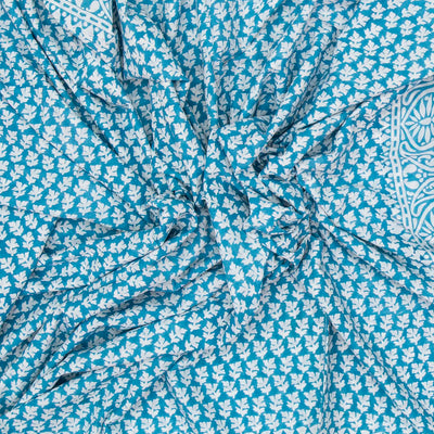 Blue Woven Jaipur Cotton Saree Printed With White Floral Motifs