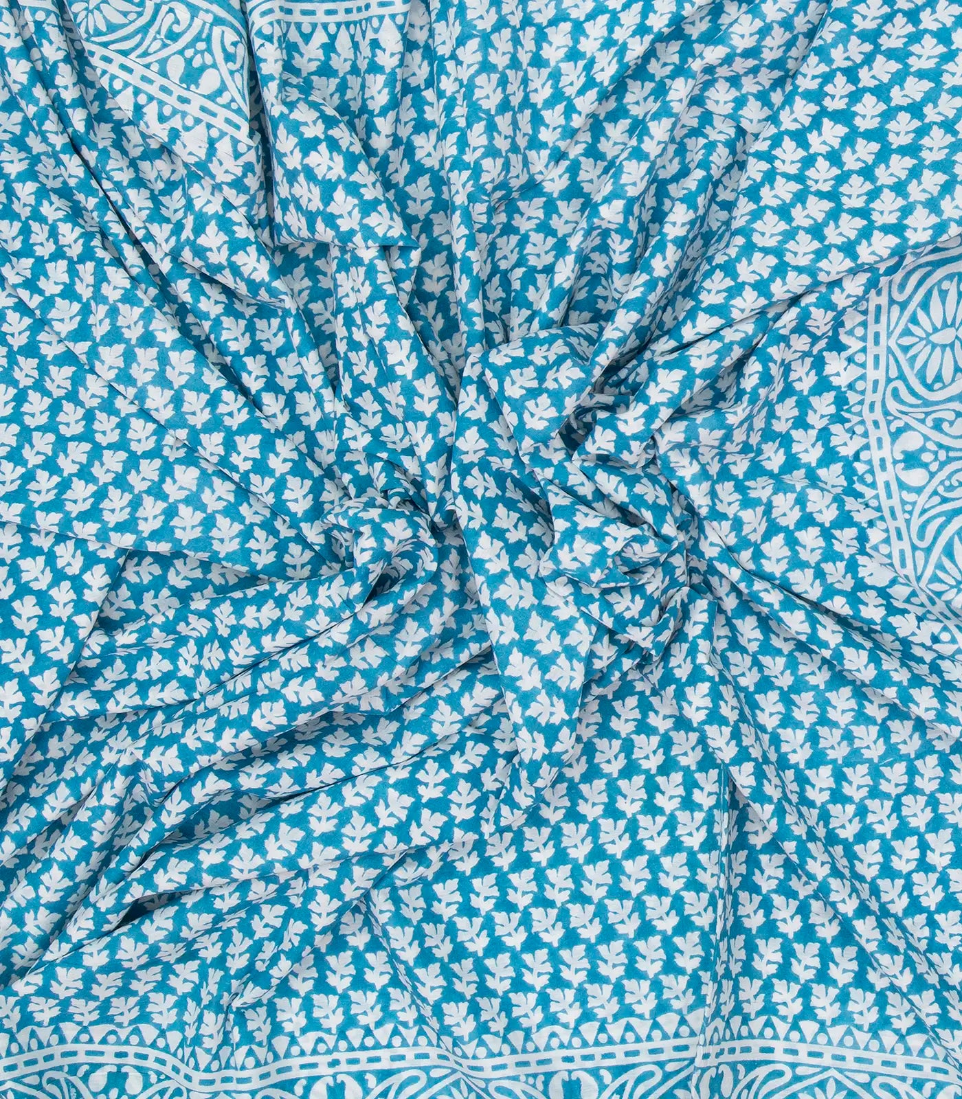 Blue Woven Jaipur Cotton Saree Printed With White Floral Motifs