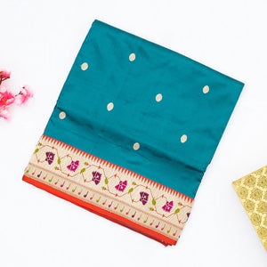 Cyan Handloom Banarasi Silk Saree With Coin Buttas & Red Border