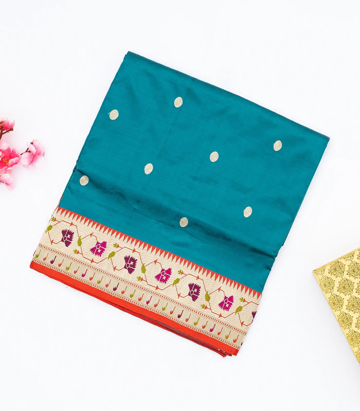 Cyan Handloom Banarasi Silk Saree With Coin Buttas & Red Border
