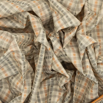 Off White Handloom Kanchi Cotton Saree With Checks & Kamalam Motifs.