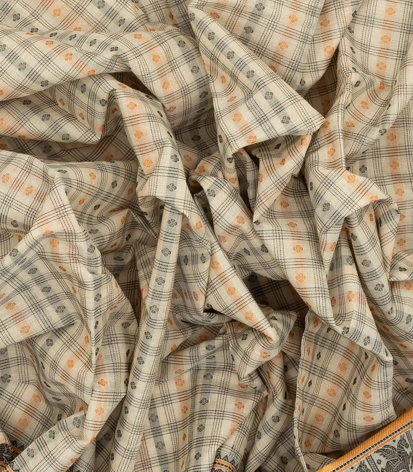 Off White Handloom Kanchi Cotton Saree With Checks & Kamalam Motifs.