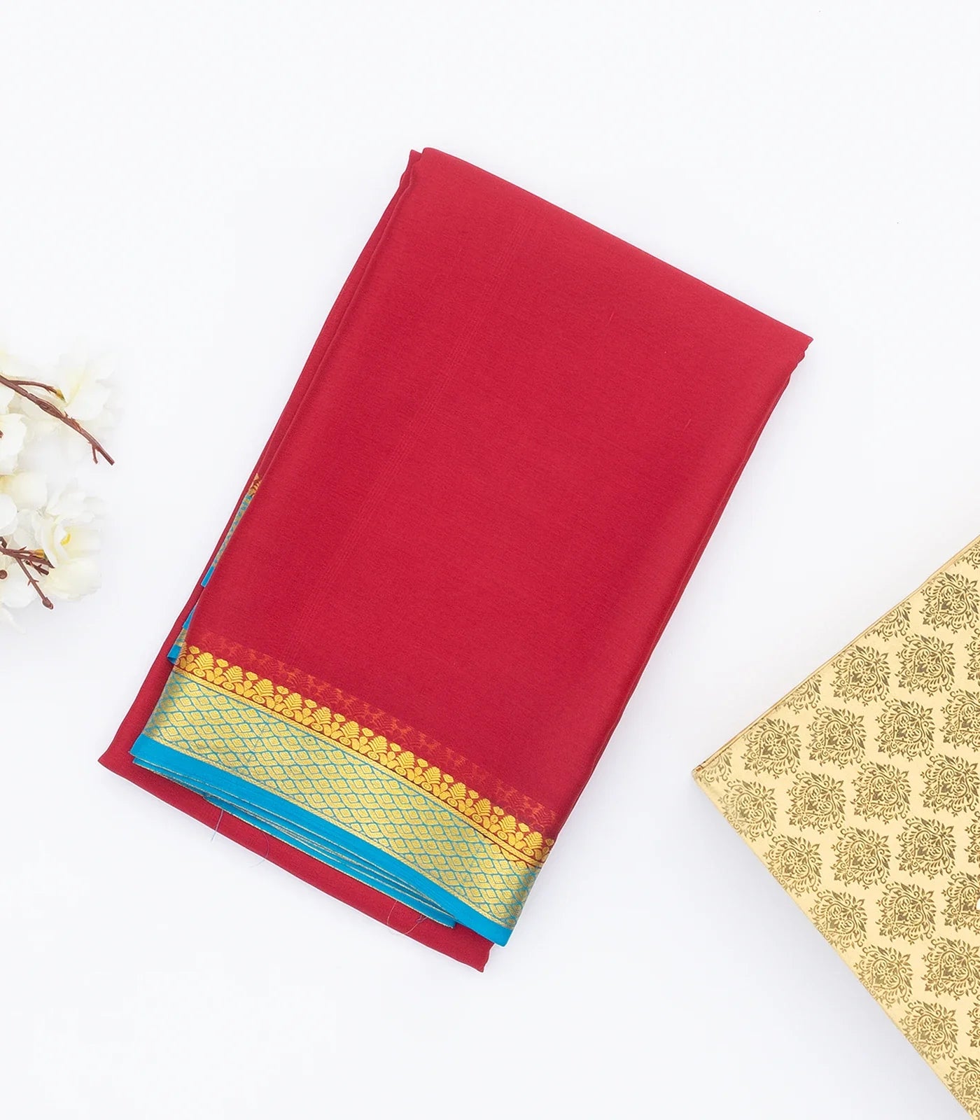 Crimson Mysore Plain Crepe Silk Saree With Cyan Border