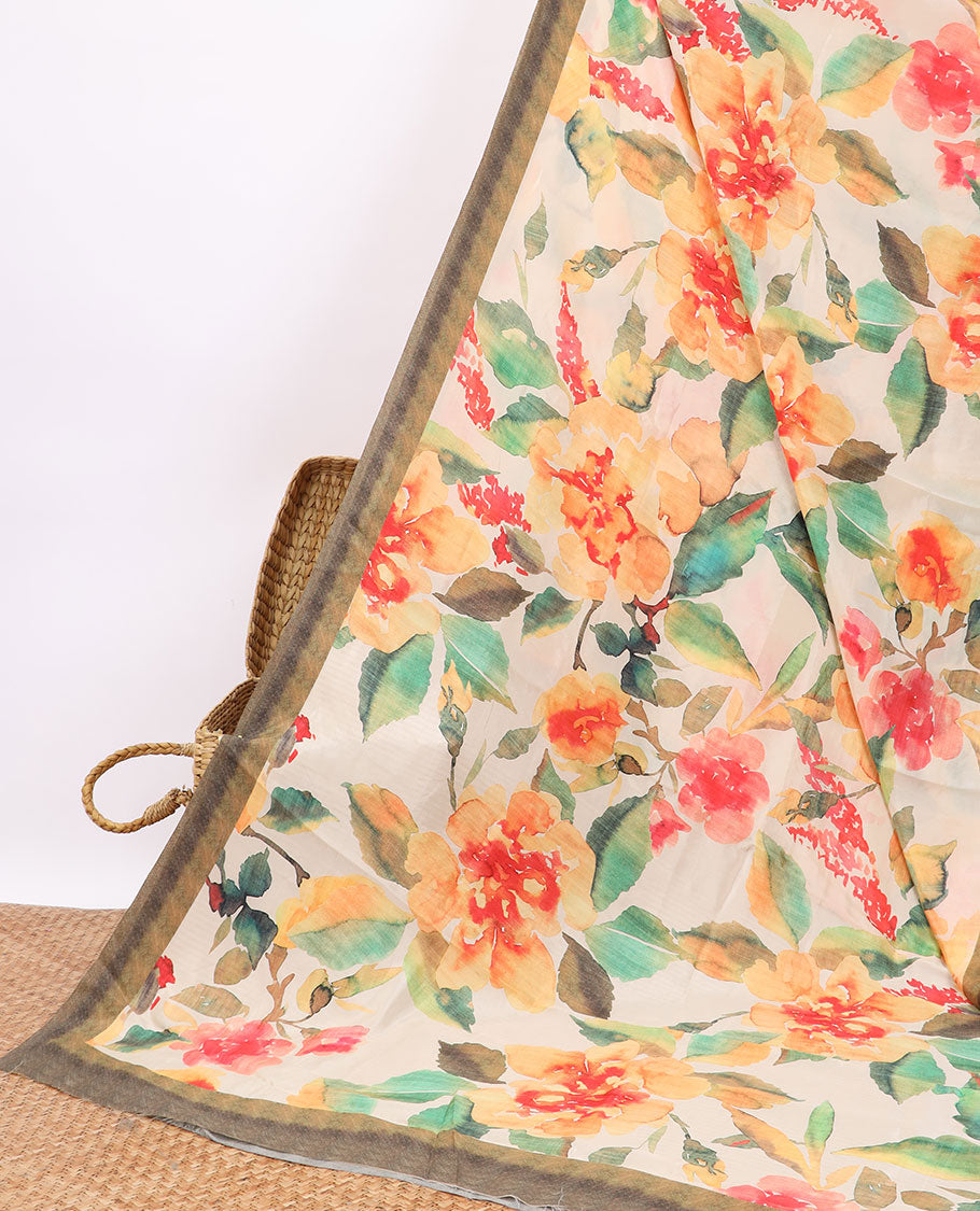 Cream floral digital printed crepe saree with contrast intricate design border
