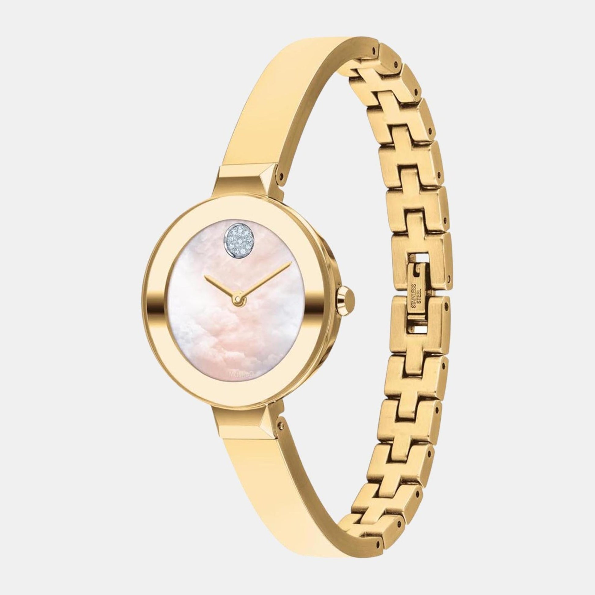 Bold Women Quartz Yellow Mother Of Pearl Dial Analog Stainless Steel Watch 3600627