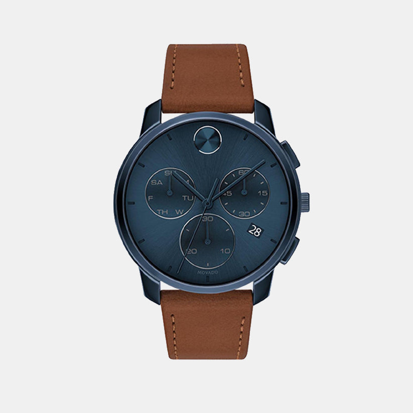 Bold Men Quartz Blue Dial Chronograph Leather Watch 3600630