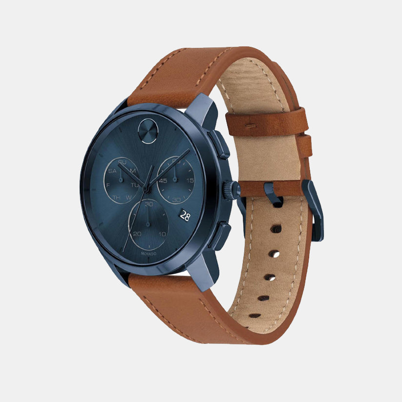Bold Men Quartz Blue Dial Chronograph Leather Watch 3600630