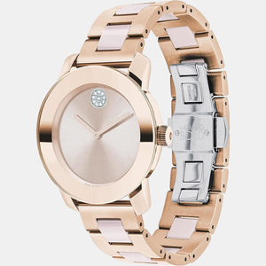 Bold Ceramic Women Quartz Rose Gold Dial Analog Stainless Steel Watch 3600799