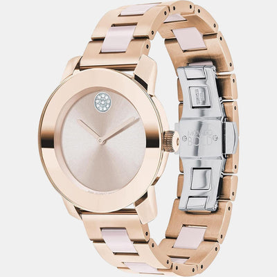 Bold Ceramic Women Quartz Rose Gold Dial Analog Stainless Steel Watch 3600799