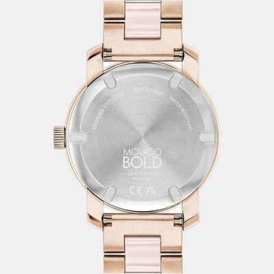 Bold Ceramic Women Quartz Rose Gold Dial Analog Stainless Steel Watch 3600799