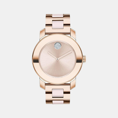 Bold Ceramic Women Quartz Rose Gold Dial Analog Stainless Steel Watch 3600799