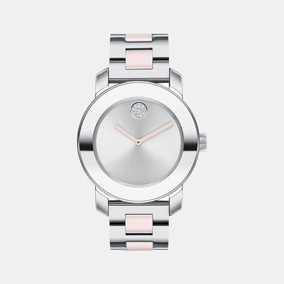 Bold Ceramic Women Quartz Silver Dial Analog Stainless Steel Watch 3600801