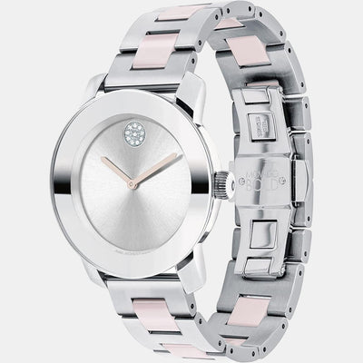 Bold Ceramic Women Quartz Silver Dial Analog Stainless Steel Watch 3600801