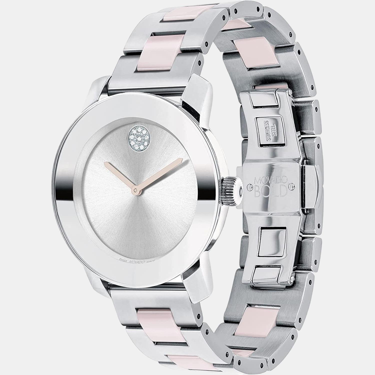 Bold Ceramic Women Quartz Silver Dial Analog Stainless Steel Watch 3600801