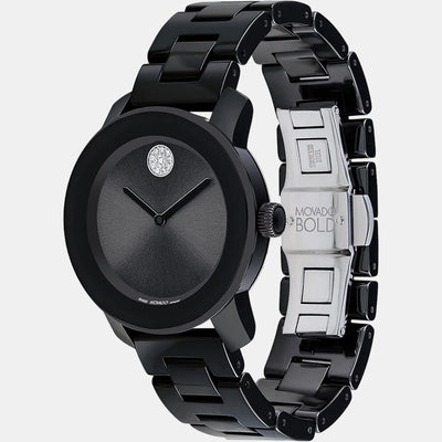 Bold Ceramic Women Quartz Black Dial Analog Stainless Steel Watch 3600803