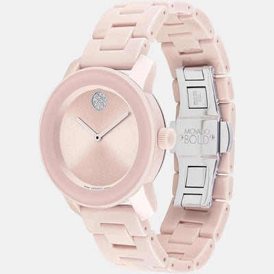 Bold Ceramic Women Quartz Pink Dial Analog Stainless Steel Watch 3600804