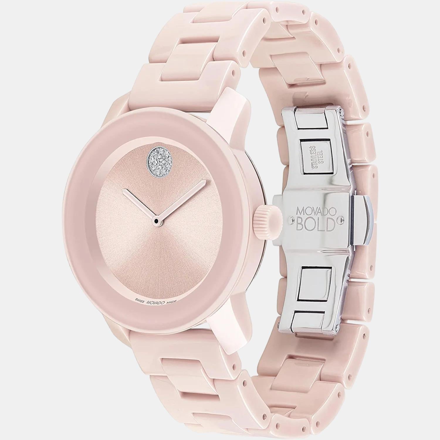 Bold Ceramic Women Quartz Pink Dial Analog Stainless Steel Watch 3600804