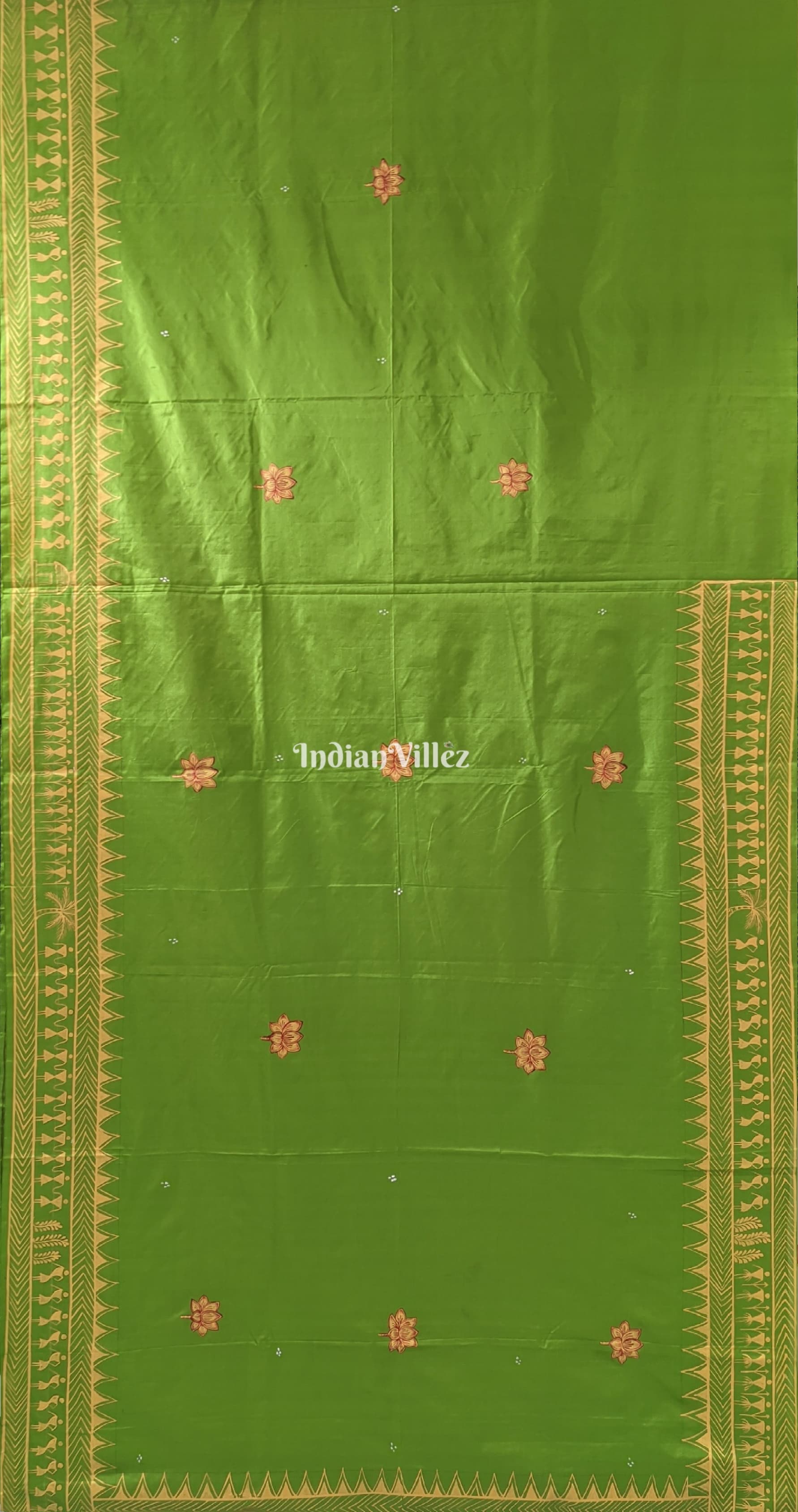 Parrot Green Arjuna Bows to Navagunjara Pure Hand-Painted Pattachitra Saree