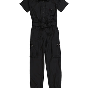 Girls Tie Waist Belted Strappy Cargo Jumpsuit