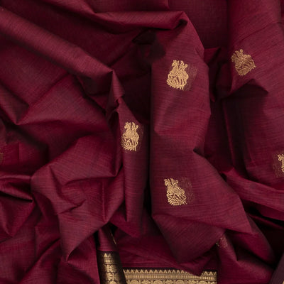 Burgundy Handloom Kanchi Cotton Saree With Horse Buttas