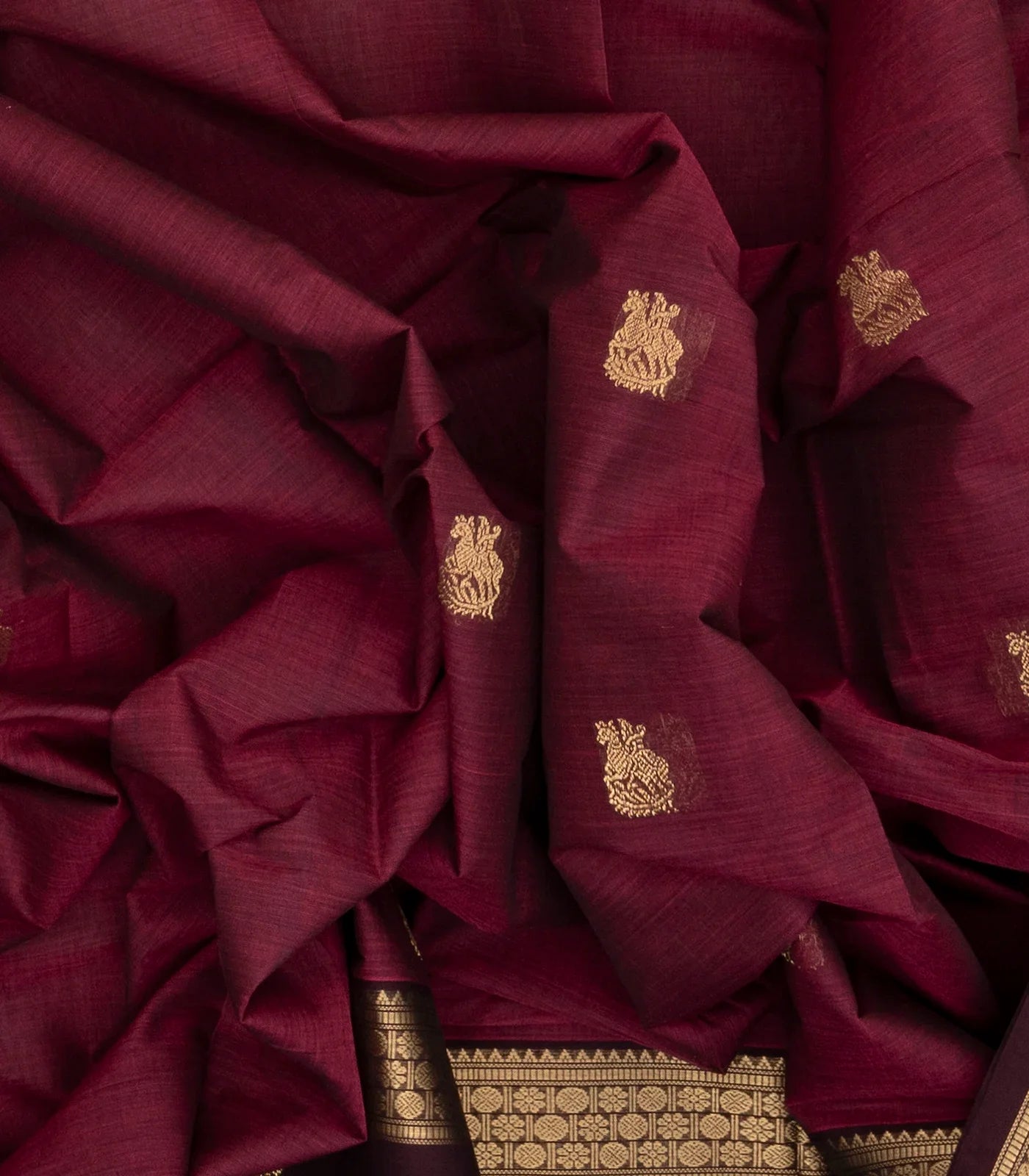 Burgundy Handloom Kanchi Cotton Saree With Horse Buttas