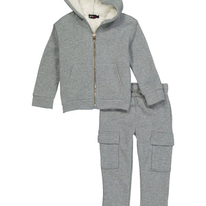 Little Girls Sherpa Lined Zip Front Hoodie and Cargo Joggers