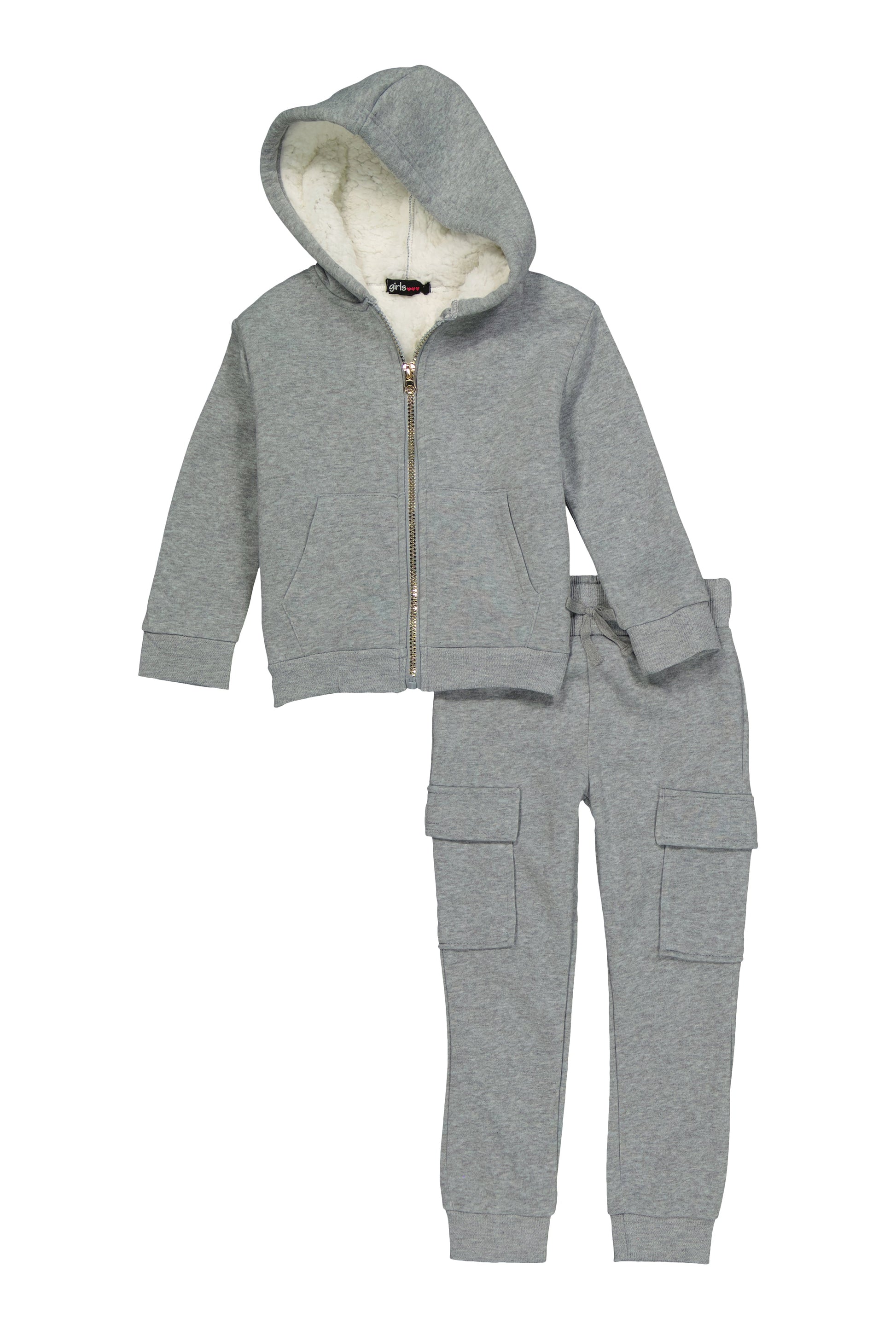 Little Girls Sherpa Lined Zip Front Hoodie and Cargo Joggers