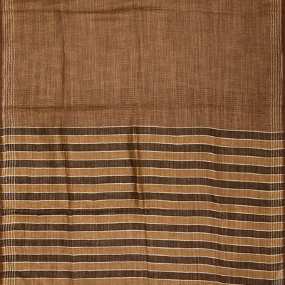 Brown Handloom Linen Saree With Striped Pallu