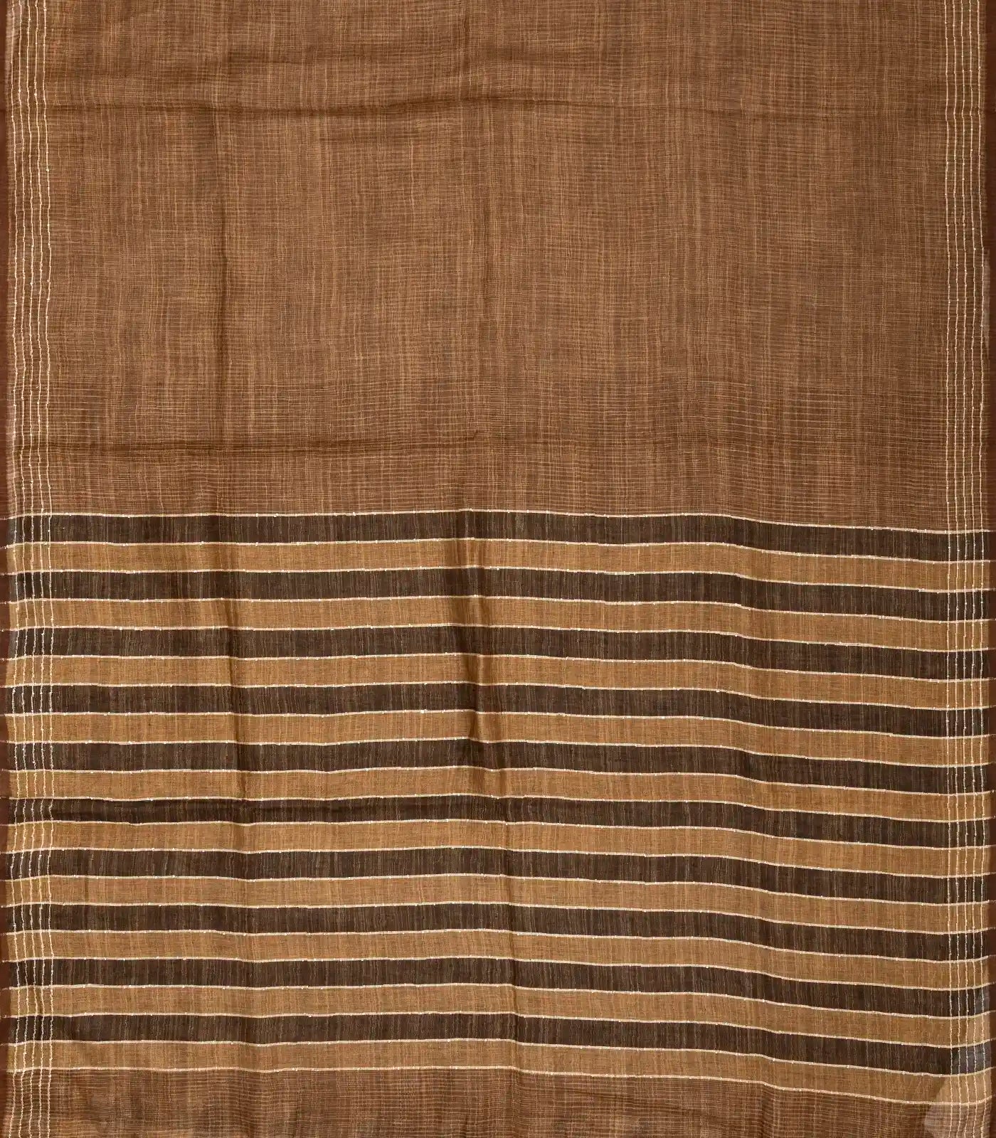 Brown Handloom Linen Saree With Striped Pallu