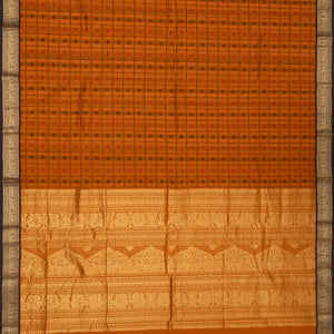 Mustard Handloom Kanchi Cotton Saree With Checks & Chakaram Motifs.