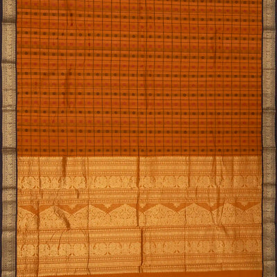 Mustard Handloom Kanchi Cotton Saree With Checks & Chakaram Motifs.