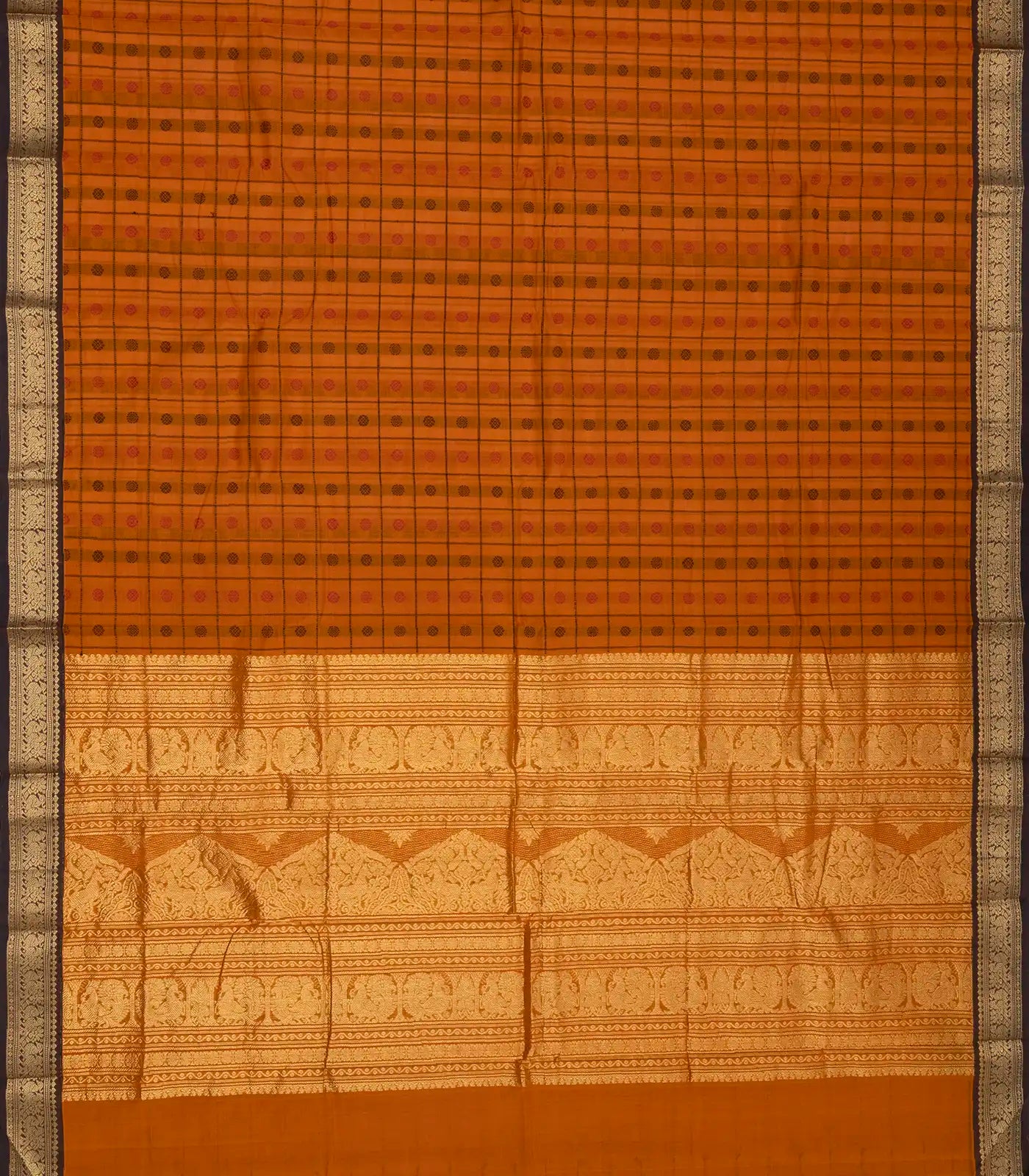 Mustard Handloom Kanchi Cotton Saree With Checks & Chakaram Motifs.