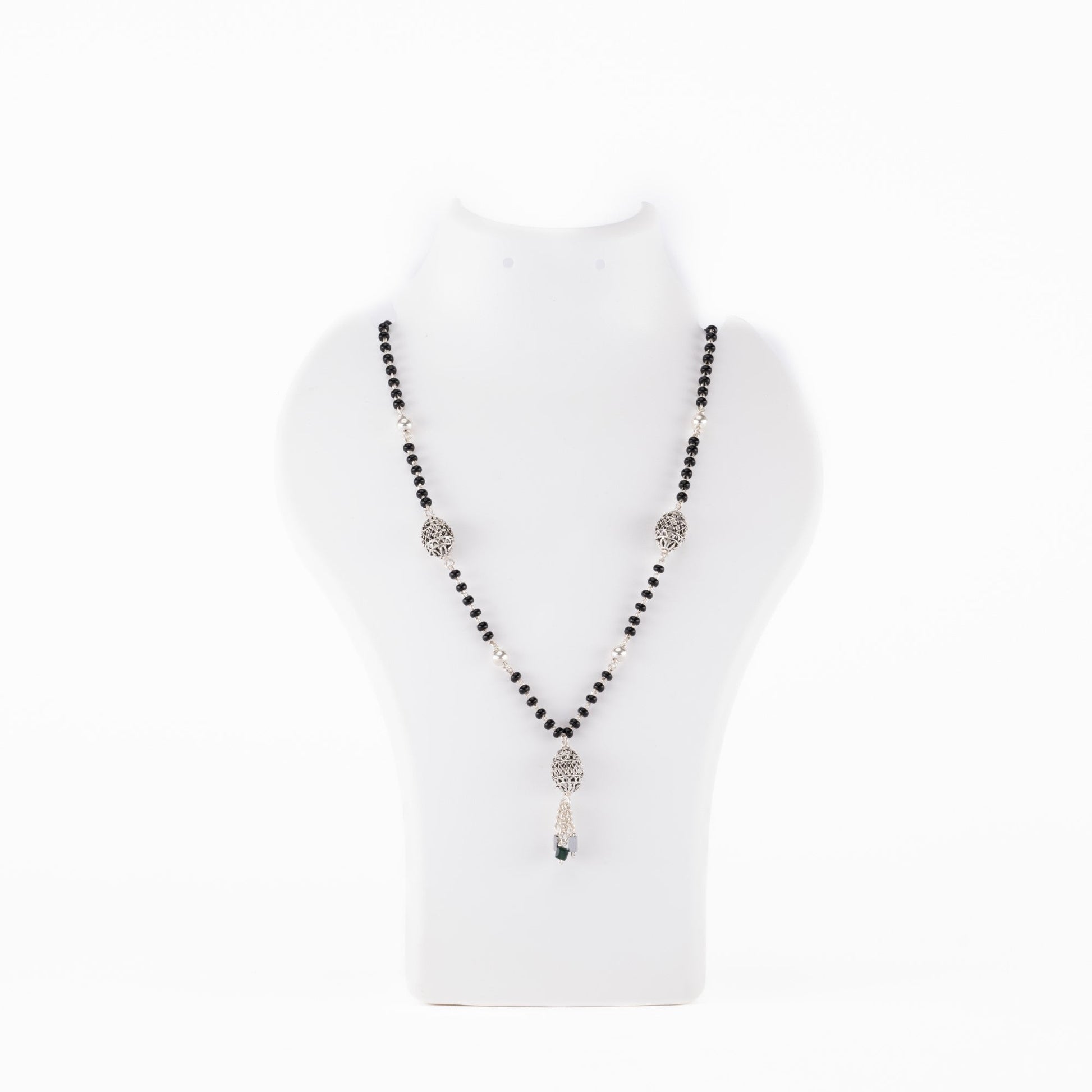 Black Beads Mangal Sutra with 3 Dangling Beaded Silver Pendants for Women