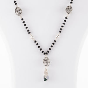 Black Beads Mangal Sutra with 3 Dangling Beaded Silver Pendants for Women