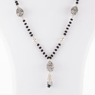 Black Beads Mangal Sutra with 3 Dangling Beaded Silver Pendants for Women
