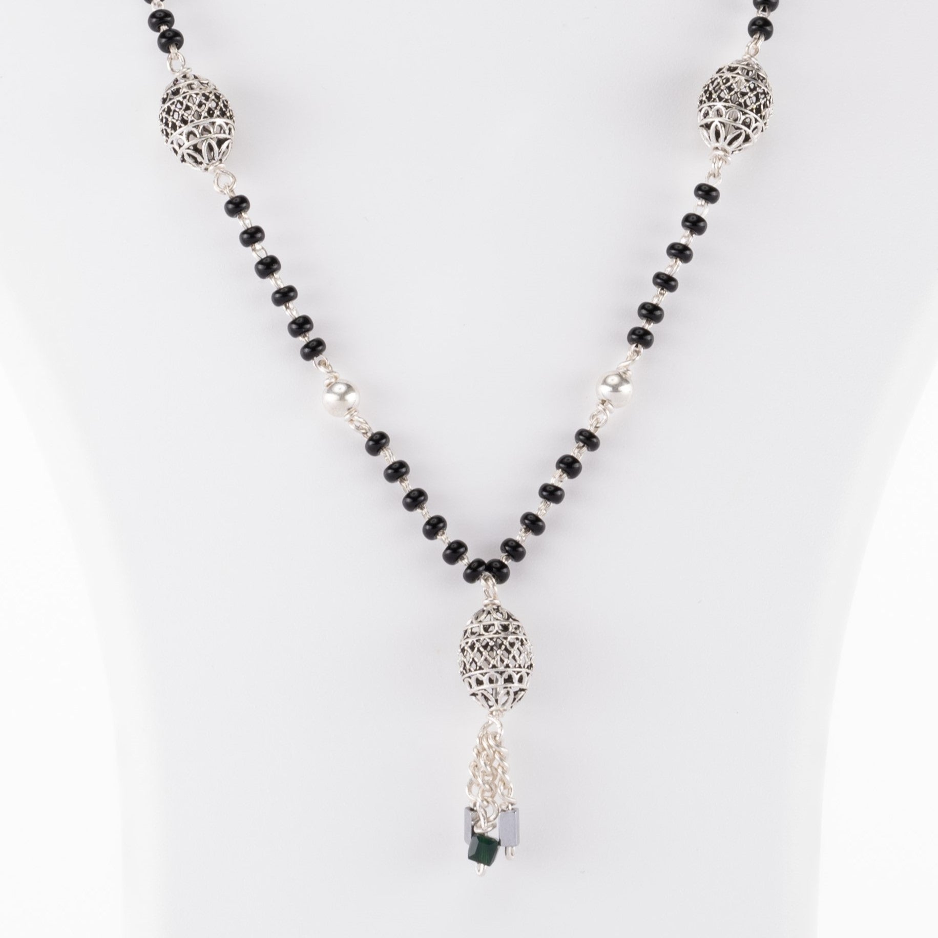 Black Beads Mangal Sutra with 3 Dangling Beaded Silver Pendants for Women