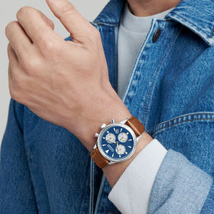 Movado Calendoplan Blue Dial & Brown Leather Strap Watch for Men