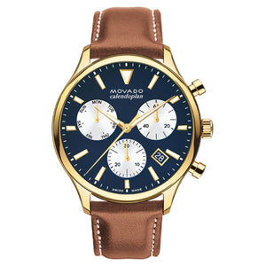 Movado Calendoplan Navy Dial & Brown Leather Strap Watch for Men
