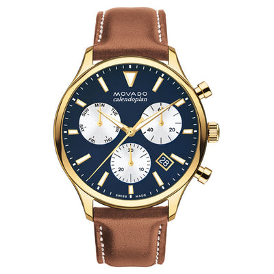 Movado Calendoplan Navy Dial & Brown Leather Strap Watch for Men
