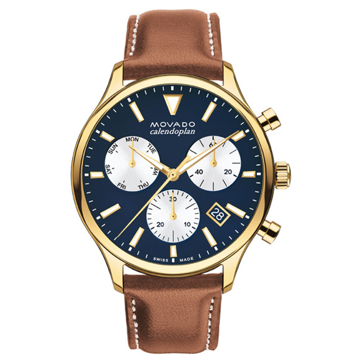 Movado Calendoplan Navy Dial & Brown Leather Strap Watch for Men