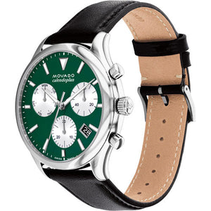 Movado Calendoplan Green Dial & Black Leather Strap Watch for Men