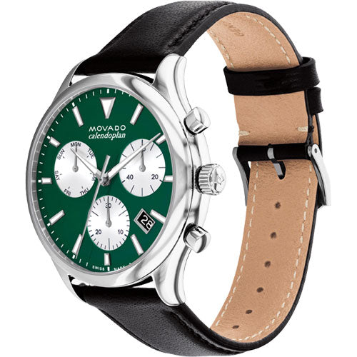 Movado Calendoplan Green Dial & Black Leather Strap Watch for Men