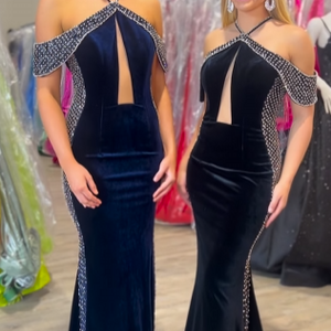 Beaded Velvet Fitted Halter Gown by Jovani 36587