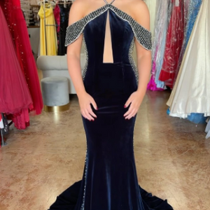 Beaded Velvet Fitted Halter Gown by Jovani 36587
