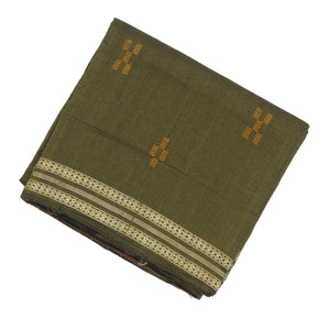 Dark Olive Handwoven Orissa Cotton Saree With Floral Motifs & Contrast Border