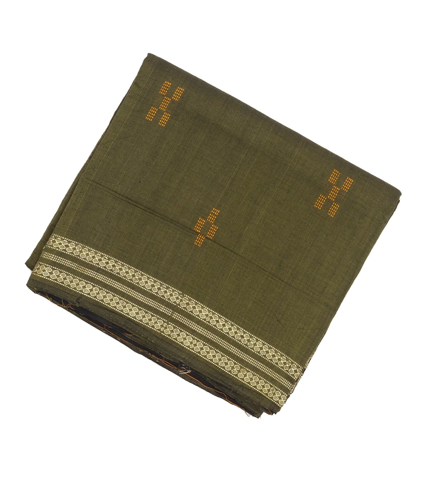 Dark Olive Handwoven Orissa Cotton Saree With Floral Motifs & Contrast Border