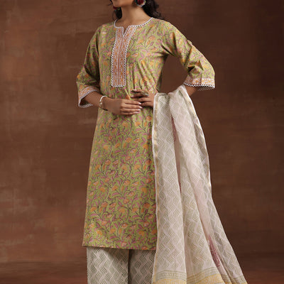 Green Printed Cotton Straight Suit With Dupatta