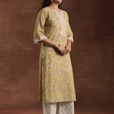 Green Printed Cotton Straight Suit With Dupatta
