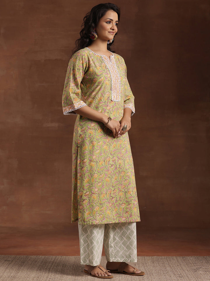 Green Printed Cotton Straight Suit With Dupatta